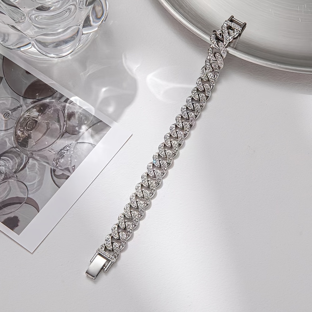 12mm Cuban Link Bracelet Silver Plated Rhinestone Hip Hop Jewelry